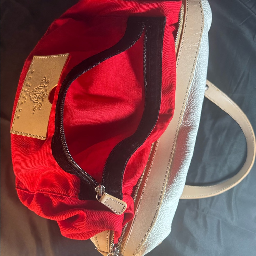 Prix de Dressage White Pebbled Leather Satchel Bag Tan Trim Red Lining - Picture 4 of 8